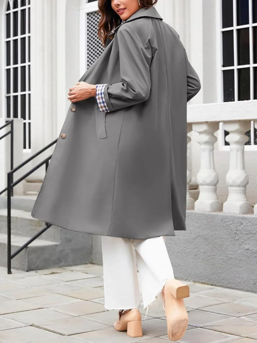 Women's Grey Long Sleeve Oversized Single Breasted Windproof Winter Trench Coat